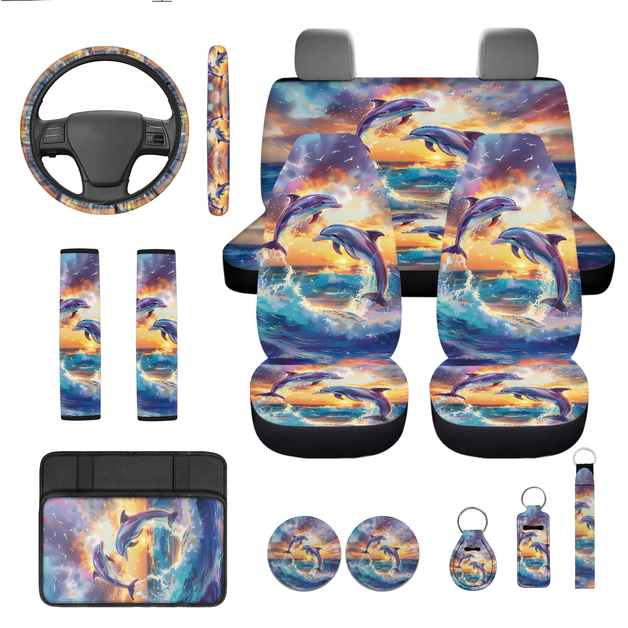 Jeiento Dolphin 13 PCS Set Car Seat Covers Steering Wheel Cover Seatbelt Strap Pad Armrest Cover Pad Cup Coasters Blue Ocean Key Ring for Women Men Automobile Interior Sets