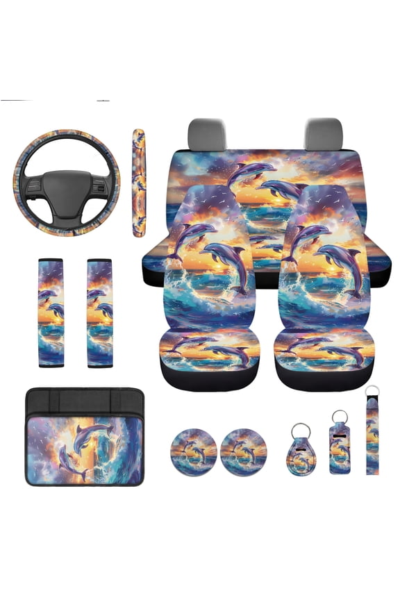 Dolphin 13 PCS Set Car Seat Covers Steering Wheel Cover Seatbelt Strap Pad Armrest Cover Pad Cup Coasters Blue Ocean Key Ring for Women Men Automobile Interior Sets