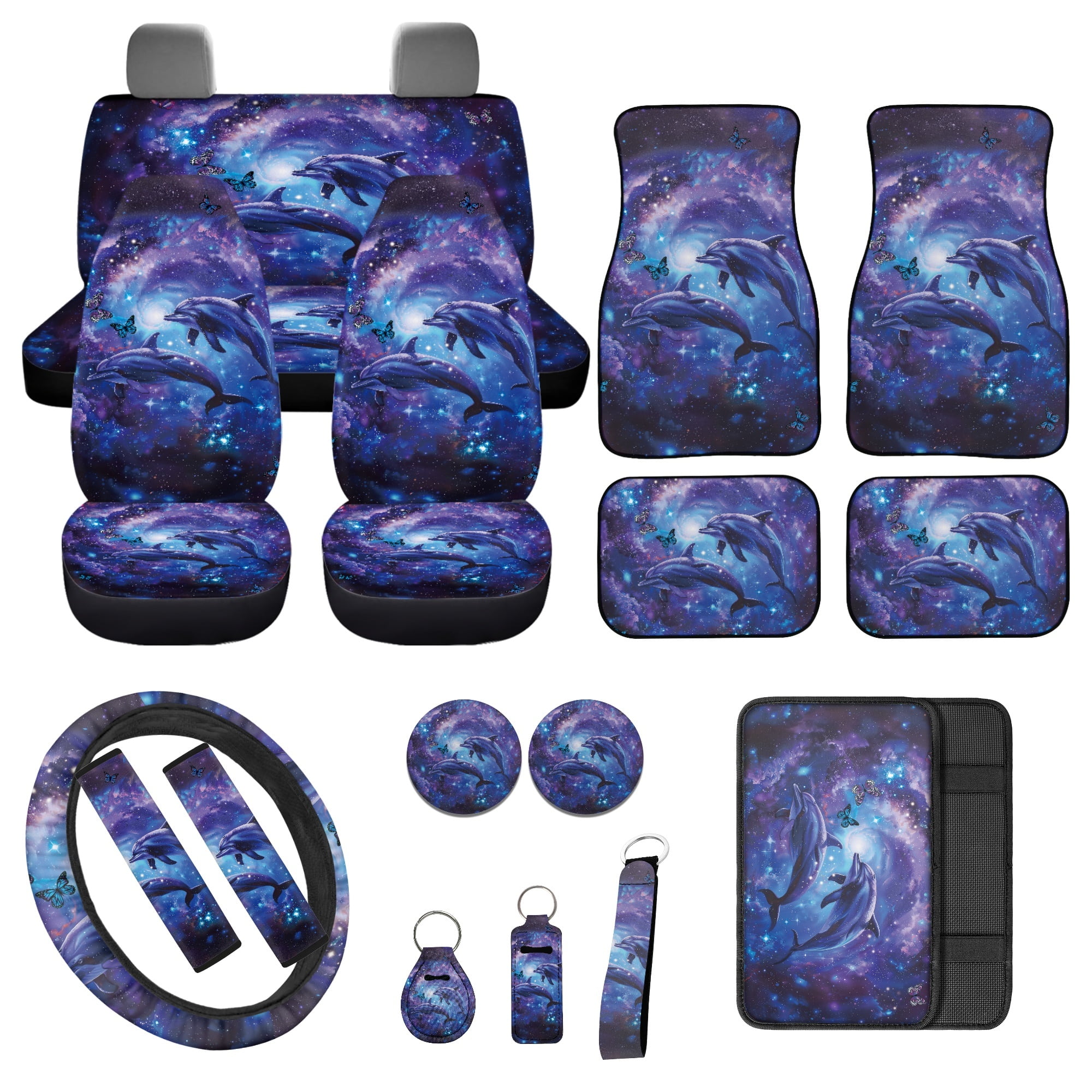 Jeiento Dolphin 17 Pcs Car Interior Sets, Car Seat Covers Full Set with Floor Mats Carpets Arm Rest Cover Seat Belt Cover Galaxy Sky Coaster, Universal Fits for Most Cars Truck SUV Sedan