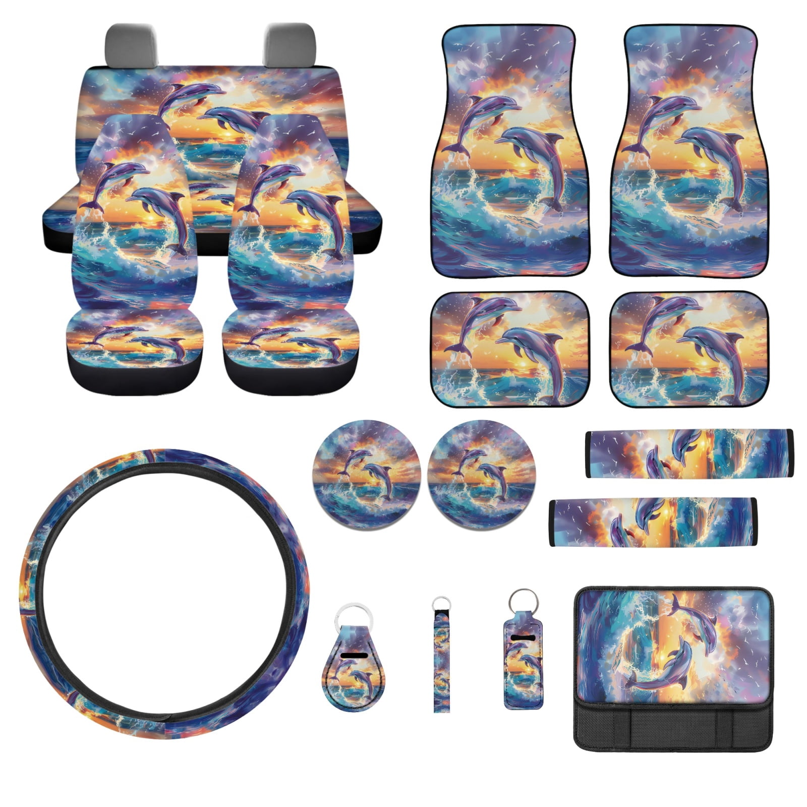 Jeiento Dolphin 17 Pcs Car Seat Cover Full Set with Car Floor Mats Steering Wheel Cover Keychains Seatbelt Pad Armrest Cover Cup Coasters Chapstick Holder Coasters Interior Automotive Accessory