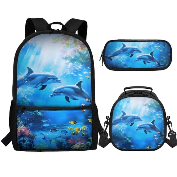 Jeiento Dolphin Backpack for Boys Primary School Bag and Lunch Bag Set Pencil Case Elementary Students Bookbag Back Packs Blue Ocean Kids Child Daypack Back To School Rucksack Satchel