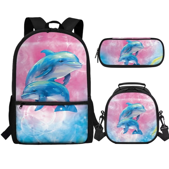 Jeiento Dolphin Backpack for Girls Middle School Bag and Lunch Bag Set Pencil Case 3 In 1 Elementary Preschool Students Bookbag Back Packs Pink Kids Child Daypack Back To School Rucksack Satchel