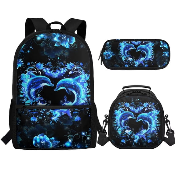 Jeiento Dolphin Backpack with Lunch Box Kids Girls 8-12/10-12/12-14 Elementary School Bookbag Lunch Bag Pencil Case Set Love Heart Book Bag Lunchbox Back Pack Chidlren Schoolbag
