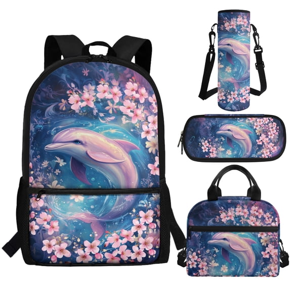 Jeiento Dolphin Backpack for School Girls 3rd/4th/5th Grade Kids Bookbag Elementary School Bag Set with Lunch Box Water Bottle Holder Pencil Case Preschool Backpacks Pink Floral Daycare Satchel Bags