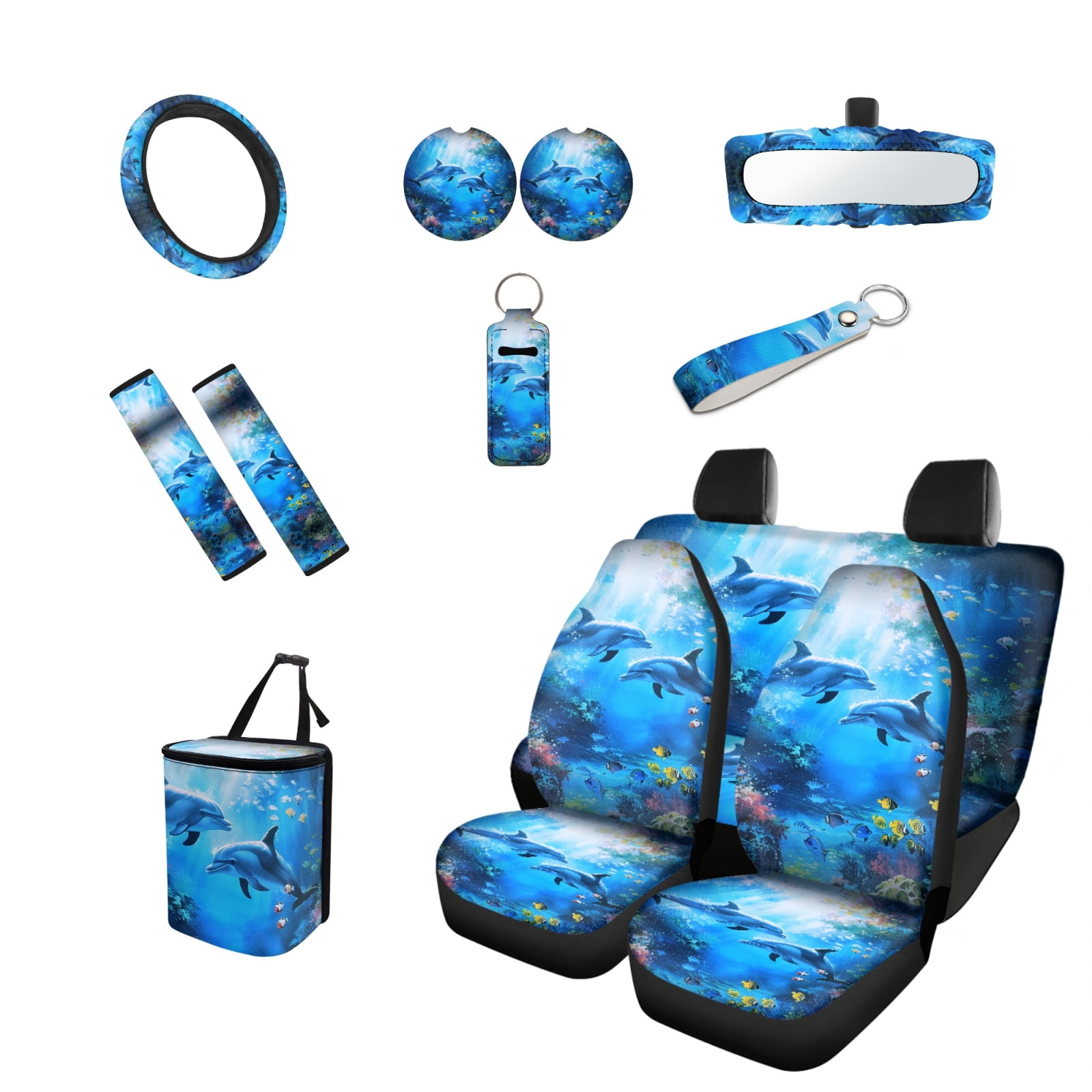 Jeiento Dolphin Car Interior Accessories Full Set Car Seat Covers Steering Wheel Covers Seat Belt Covers Trash Can Coasters Auto Rear View Mirror Covers Keychains Lipstick Covers 13pcs Blue Ocean