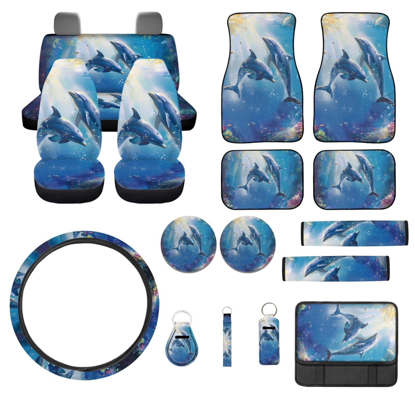 Jeiento Dolphin Car Seat Cover Full Set 17 Pack Car Floor Mats Steering Wheel Cover Keychains Seatbelt Pad Armrest Cover Cup Coasters Blue Ocean Lipstick Holder Universal Fit for SUV Sedan Van
