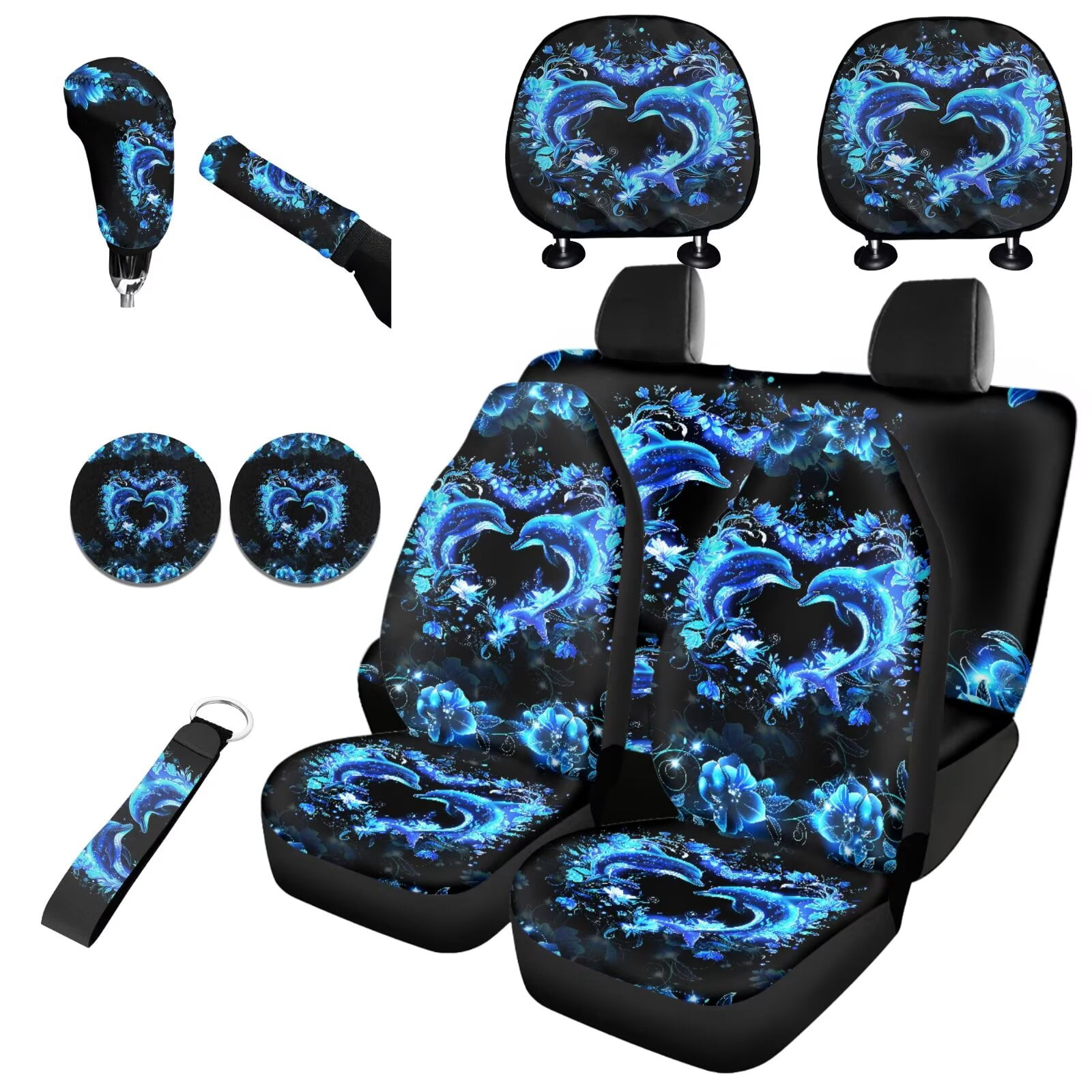 Jeiento Dolphin Car Seat Cover Split Covers Full Set 11 PCS, with Headrest Cover Keychain Coasters Love Heart Handbrake Cover Gear Shift Knob Cover for Men Women, Easy to Install