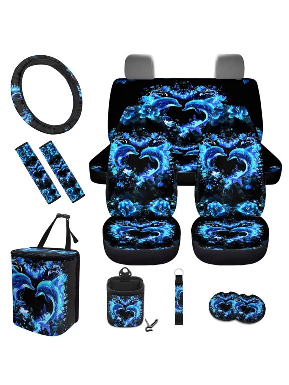 Dolphin Car Seat Covers Full Set, Seat Covers with Steering Wheel Covers Seatbelt Covers Coaster Trash Can Air Vent Holder Love Heart Keychain Blue Automotive Accessories Decor