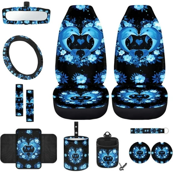 Jeiento Dolphin Front Car Seat Cover Full Set 12 PCS with Steering Wheel Cover Seat Belt Cover Armrest Mat Trash Bag Air Vent Bag Rear View Mirror Cover Cup Coasters Key Chain Love Heart Flowers