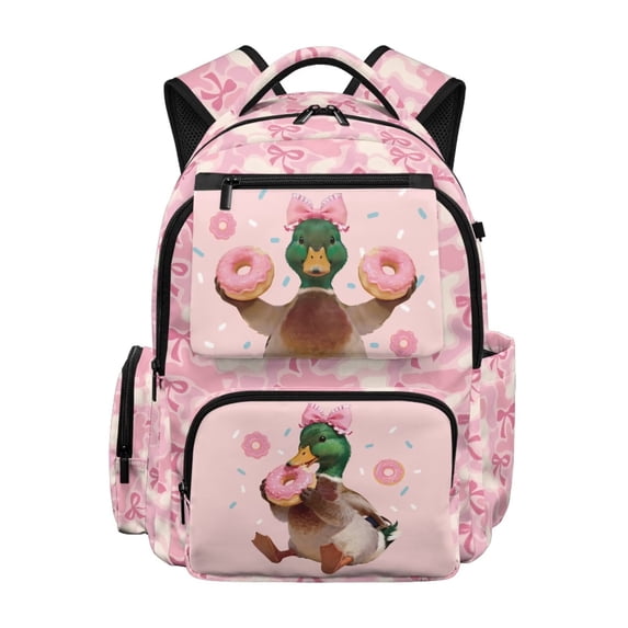 Jeiento Donut Duck Backpack for Girls Large Multi-Pocket Bookbag 17 Inch Water-Resistant Polyester School Backpack, Cute Duck Print Casual Daypack for Travel Hiking