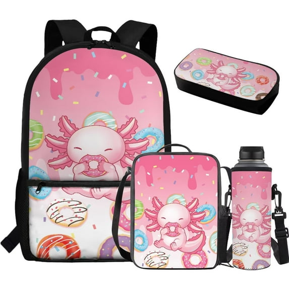 Jeiento Doughnut Axolotl Backpack and Lunch Box Set for Girls School Bookbag Lunch Bag Pencil Case Water Bottle Carrier Pink 4Pcs Kids Elementary Middle School Bag Packs Daycare Satchel
