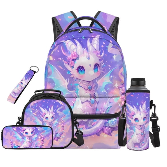 Jeiento Dragon Backpack Set of 5 Cartoon 17 Inch Adjustable Padded Straps Backpack with Lunch Box Pencil Pouch for 9-12 Years Old Kids Middle School School Supply Set