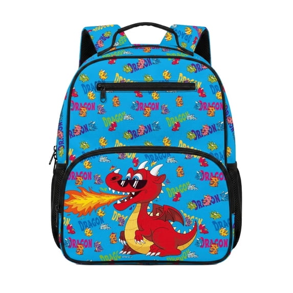 Jeiento Dragon Toddler Backpack for 2-5 Year Old Boys, 13.5 Inch Preschool Bag, Lightweight Kids Bookbag with 2 Front Pockets & 2 Mesh Side Pockets, Blue