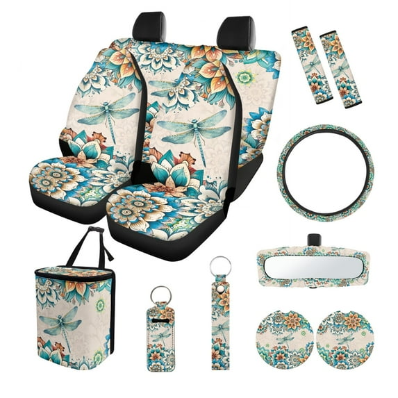 Jeiento Dragonfly Auto Seat Covers Full Set of 13 with Car Steering Wheel Cover Seatbelt Shoulder Pad Dahlia Trash Bin Rearview Mirror Cover Coasters Keychain Lipstick Holder Car Accessory Decor