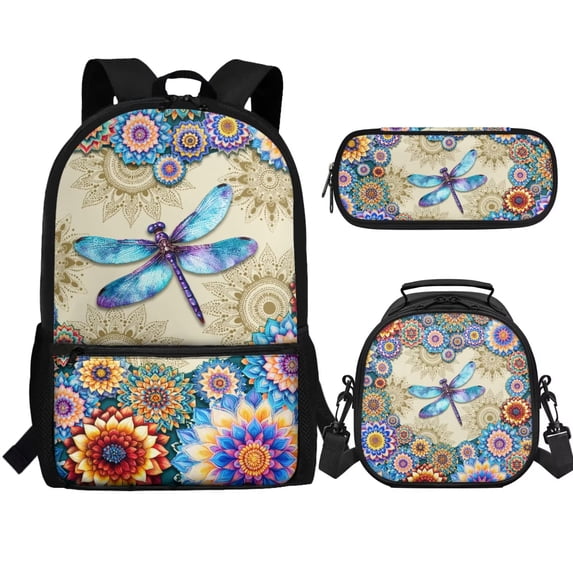 Jeiento Dragonfly Backpack for School Girls 8-10/10-12 Elementary School Bag with Lunch Box Pencil Case Mandala Flower Middle Bookbag Back Packs for Kids Daycare Satchel Bagpack, 3 IN 1