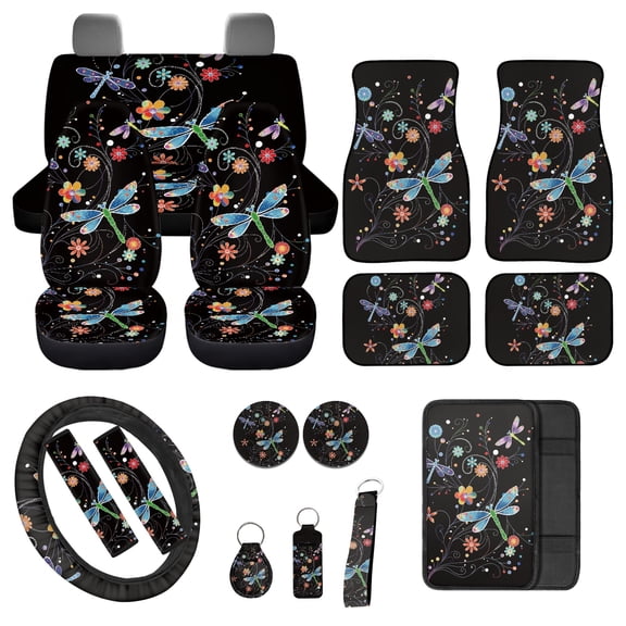 Jeiento Dragonfly Car Accessories Full Set for Women, Automotive Vehicle Seat Cover, Floral Decorative Car Floor Mat Steering Wheel Cover Center Console Pad Fit for SUV Van Truck Sedan