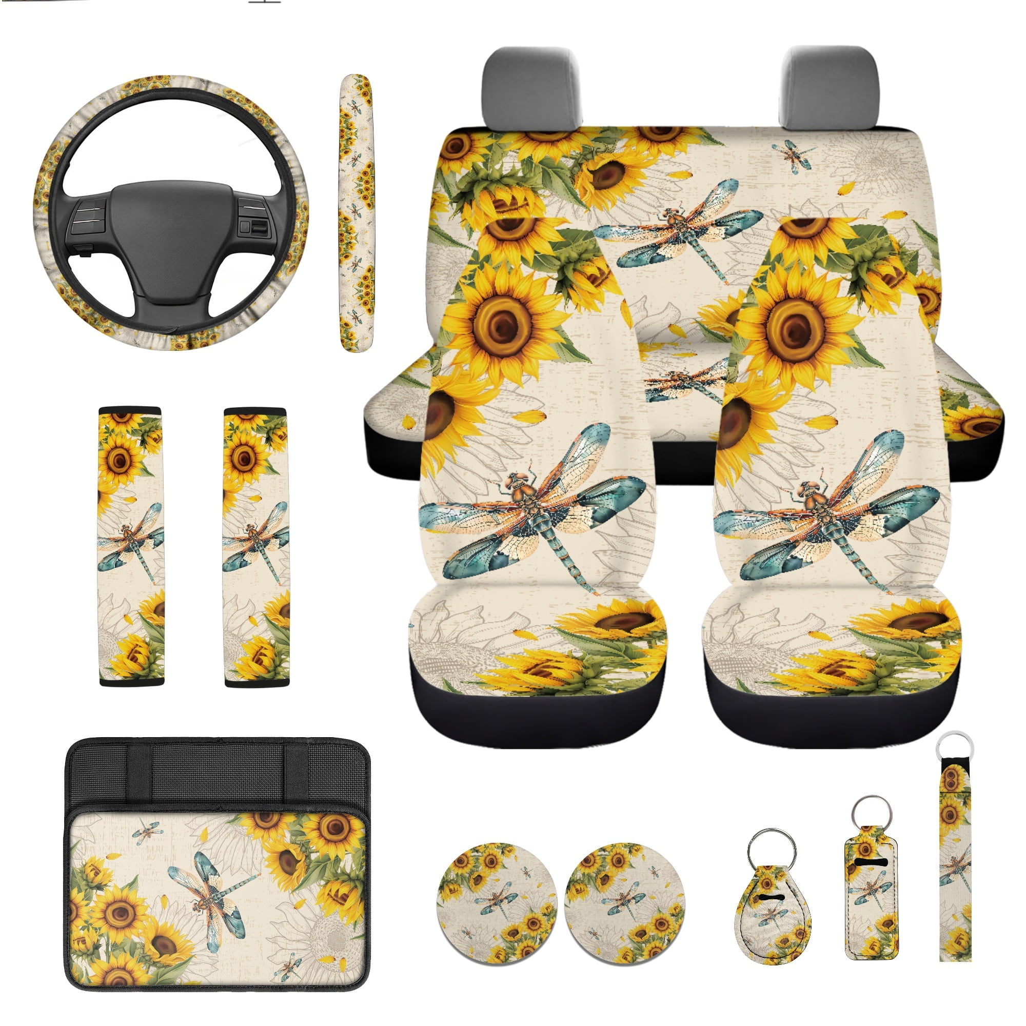 Jeiento Dragonfly Car Front Back Seat Covers Sunflower Steering Wheel Cover Armrest Cover Pad Seat Belt Pads Coasters Keychain Chapstick Holder Universal Fit, 13 PCS