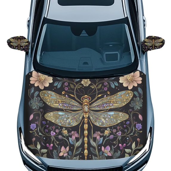 Jeiento Dragonfly Car Hood Cover Pack with Mirror Covers Washable Vehicles Decorate Accessories Dustproof Car Mirror Accessories with Drawstrings Universal Size for Sedans