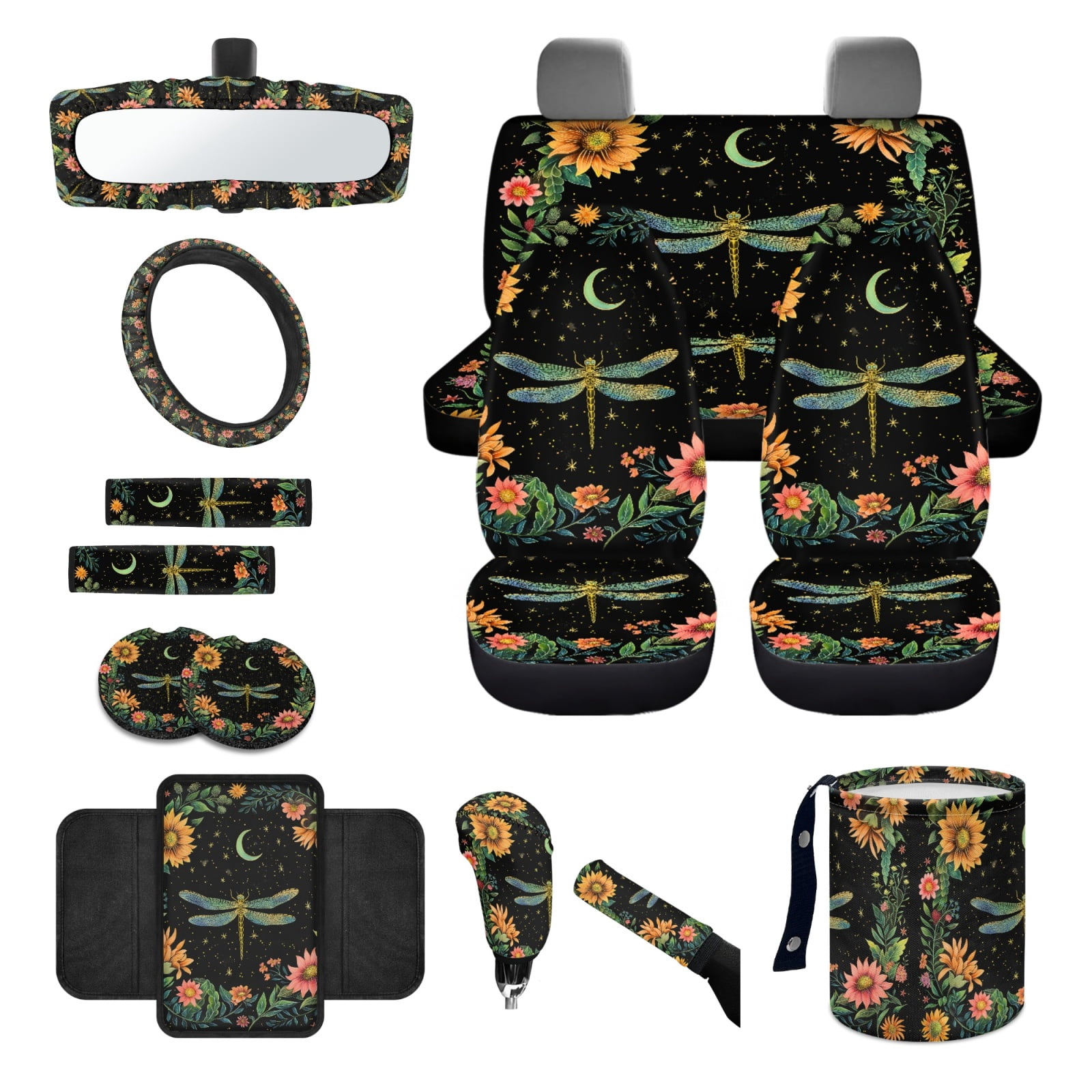Jeiento Dragonfly Car Seat Cover Set 14 PCS with Steering Wheel Cover Seat Belt Pads Waste Basket Bin Flowers Rearview Mirror Cover Cup Holder Center Console Cover Handbrake Cover Gear Shift Cover