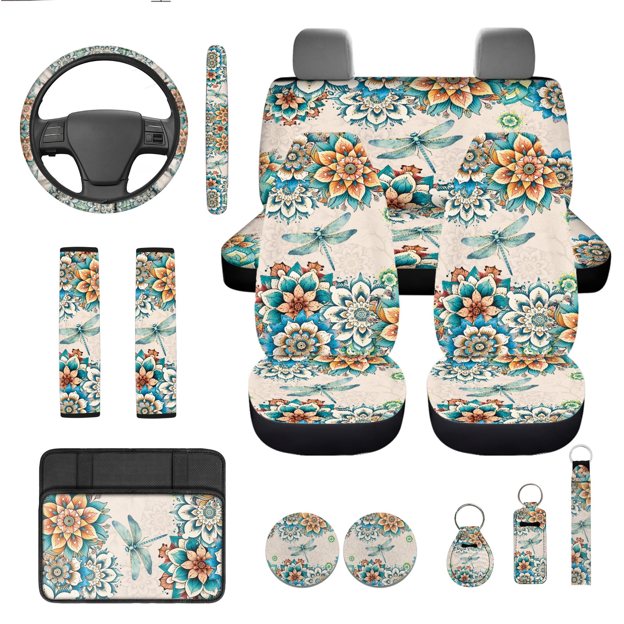 Jeiento Dragonfly Car Seat Covers Full Set of 13 Dahlia Steering Wheel Cover Armrest Cushion Seatbelt Pad Coasters Keychain Fit for SUV Van Truck Sedan Automobile Decor Accessory