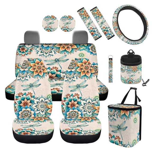 Jeiento Dragonfly Car Seat Covers Set 12 PCS Steering Wheel Cover Auto Seat Belt Pads Trash Bin Hanging Storage Bag Cup Holders Dahlia Wristlet Keychain Auto Accessory for SUV Van Truck