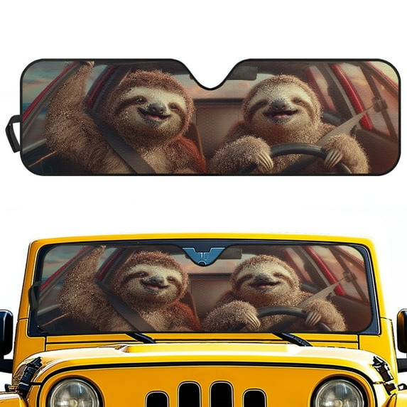 Jeiento Driving Sloth Windshield Sun Shade Compatible with Jeep Wrangler JK JKU JL JLU 1997-2023 & Jeep Gladiator JT 2020-2023 16.5"x52.5" Folding Front Window Sun Shade for Car Accessories
