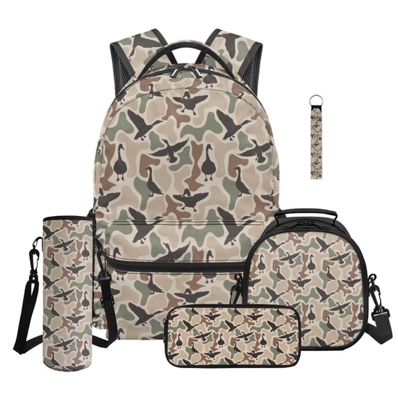 Jeiento Duck Camo Girls Backpack And Lunch Box Set 5-Piece with Pencil Case, Water Bottle Holder, Keychain Lightweight Large Capacity Backpack for Elementary Students