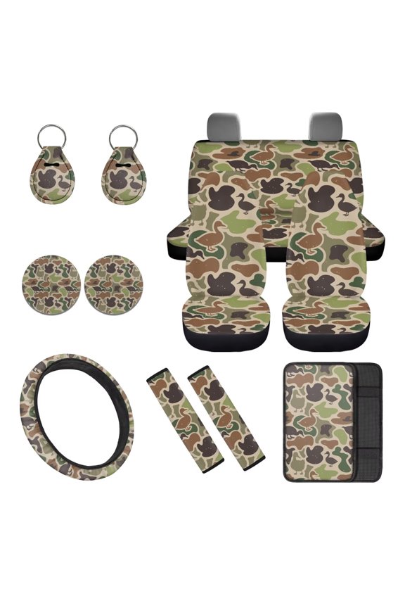 Duck Hunter Camo Car Seat Covers Full Set 12pcs with Steering Wheel, Seatbelt Pads, Center Console Armrest, Cup Holder Coasters, Keychain, Auto Accessories for Truck SUV Sedan Van