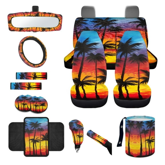 Jeiento Dusk Palm Leaves Car Seat Cover Full Set of 14 Car Seat Protector Auto Steering Wheel Cover Seatbelt Pads Armrest Cushion Trash Can Rearview Mirror Cover Handbrake Cover Set Coasters