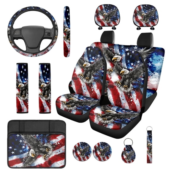 Jeiento Eagle 14 PCS Car Seat Cover Set American Flag Steering Wheel Cover Seat Belt Strap Pads Cup Coasters Armrest Cover Pad Headrest Covers Key Ring Automotive Accessory 4Th of July Decor