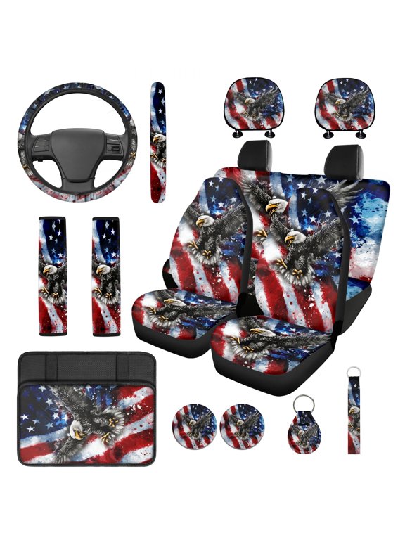 Eagle 14 PCS Car Seat Cover Set American Flag Steering Wheel Cover Seat Belt Strap Pads Cup Coasters Armrest Cover Pad Headrest Covers Key Ring Automotive Accessory 4Th of July Decor