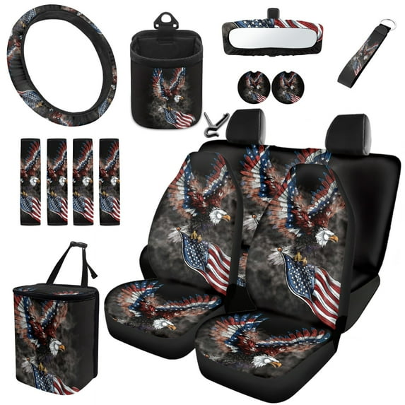 Jeiento Eagle American Flag 15 Pcs Car Seat Cover Set with 1 Rear View Mirror Cover 2 Coasters 1 Garbage Bin 1 Keychain 1 Air Vent Phone Holder 1 Steering Wheel Cover 4 Car Seatbelts