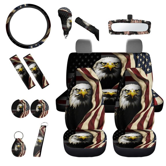 Jeiento Eagle Car Seat Cover Full Set 14 Piece with Steering Wheel Cover USA Flag Seatbelt Covers Auto Rear View Mirror Covers Gear Shift Knob Handbrake Cover Coaster Keychain for Sedan Van