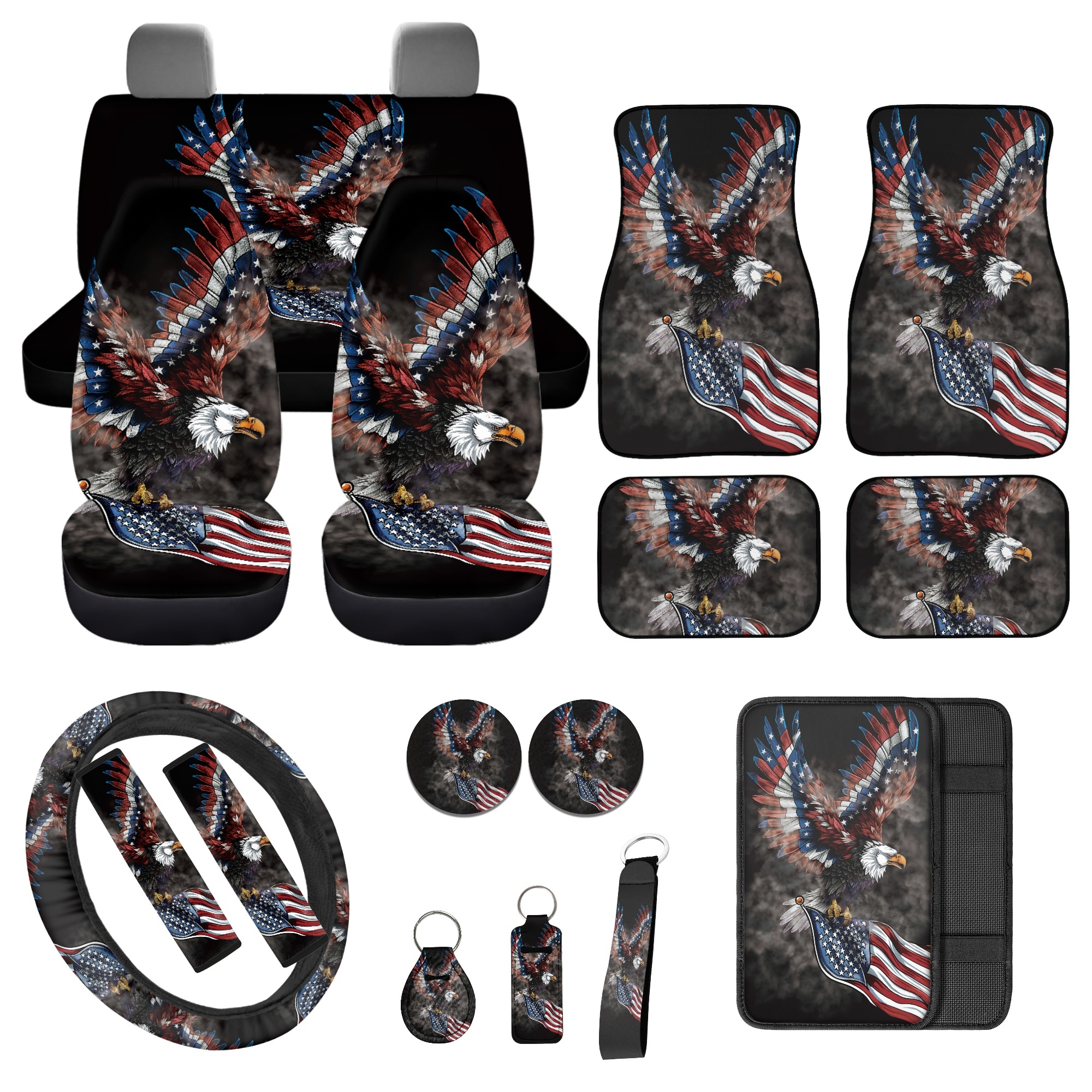 Jeiento Eagle Car Seat Cover Full Set with American Flag Floor Mats Steering Wheel Cover Seatbelt Pad Armrest Cover Coasters Keychains Lipstick Holder Universal Auto Interior Accessories Set of 17