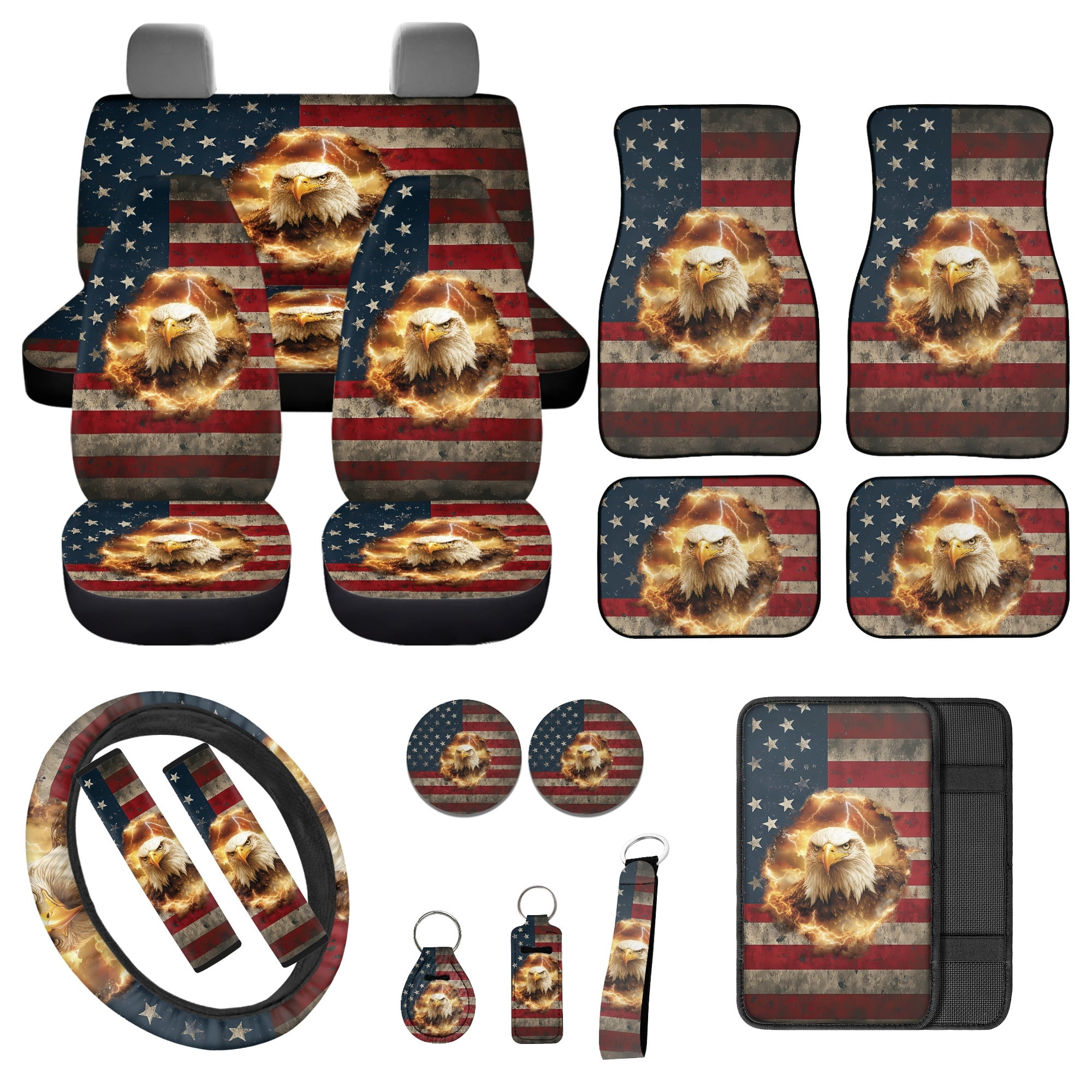 Jeiento Eagle Car Seat Cover Full Set Car Floor Mats American Flag Steering Wheel Cover Cool Flame Seatbelt Pad Armrest Cover Cup Coaster Keychains Universal Auto Interior Accessories Set 17 Pack