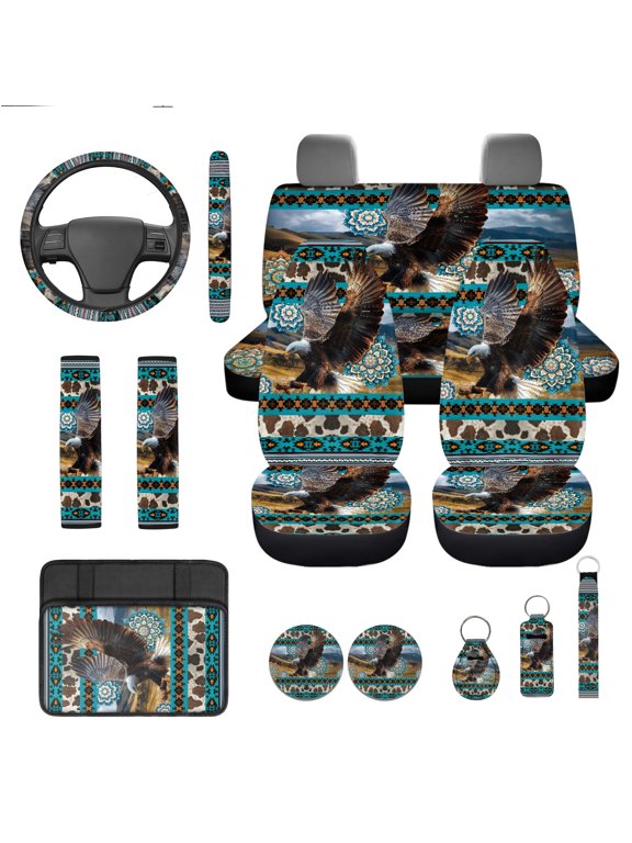 Eagle Car Seat Cover Full Set with Steering Wheel Cover Seat Belt Strap Pads Armrest Pad Coasters Keychain Lipstick Holder Southwest Aztec Native American Navajo 13 PCS Auto Accessory Decor