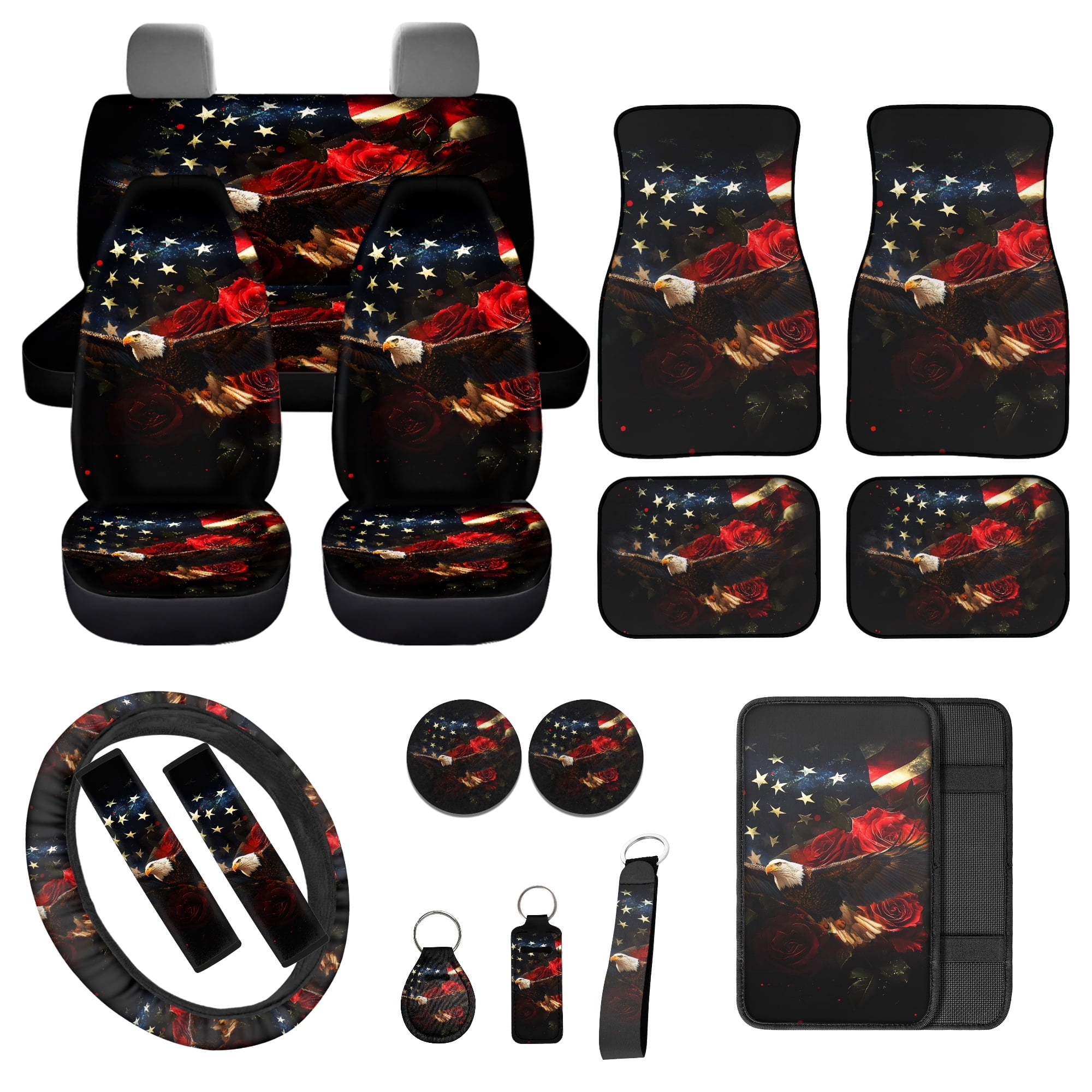 Jeiento Eagle Car Seat Cover Full Sets, American Flag Car Front and Back Seat Cover with Floor Mats Rose Steering Wheel Cover Seatbelt Cover Center Console Armrest Pad Coaster Keychain