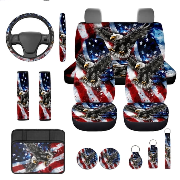 Jeiento Eagle Car Seat Covers Full Set Auto Interior Accessories 13 Pcs American Flag Car Accessories with Steering Wheel Cover, Seat Belt Pads, Armrest Cover, Keychains, Lipstick Holder