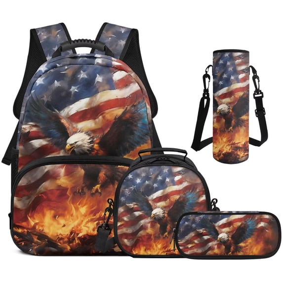 Jeiento Eagle Kids Backpack for School Girls 4PCS Backpacks for Teens American Flag 17 Inch Backpack with Lunch Bag Pencil Case Water Bottle Holder, School Bag Shoulder Strap Daypack