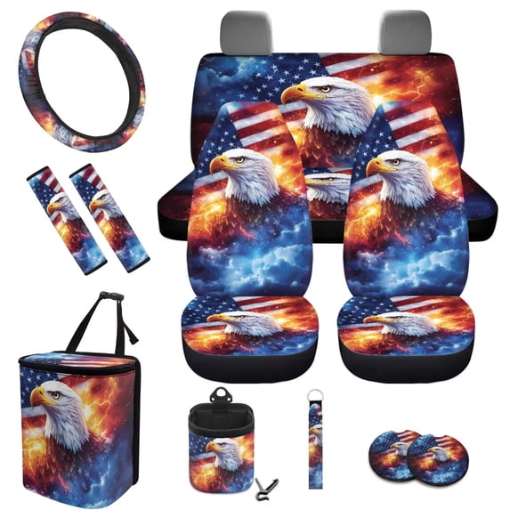 Jeiento Eagle Seat Covers for Cars Full Set with Steering Wheel Cover American Flag Seatbelt Covers Car Coasters Trash Bag Air Vent Storage Bag Keychain, Fit for SUV Truck Van Sedans, 4Th of July