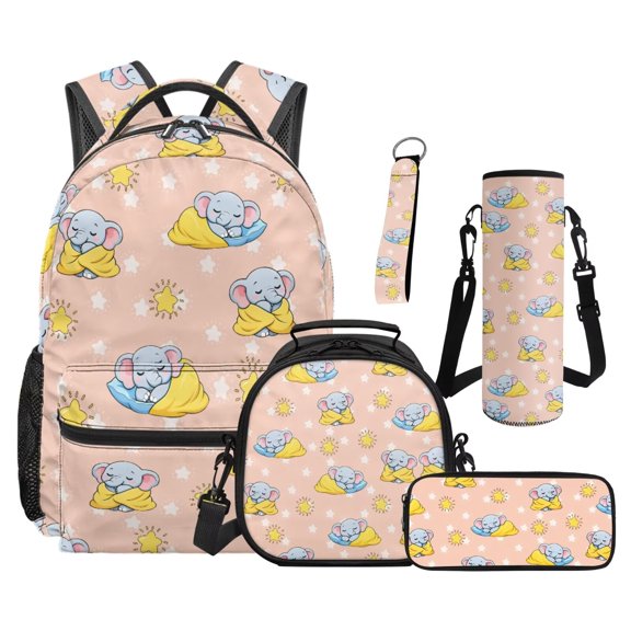 Jeiento Elephant Backpack Set 5 Pcs Cute 17 Inch Water Resistant Backpack with Lunch Bag Pencil Case for 9-12 Years Old Elementary to Middle School Kawaii Bookbag