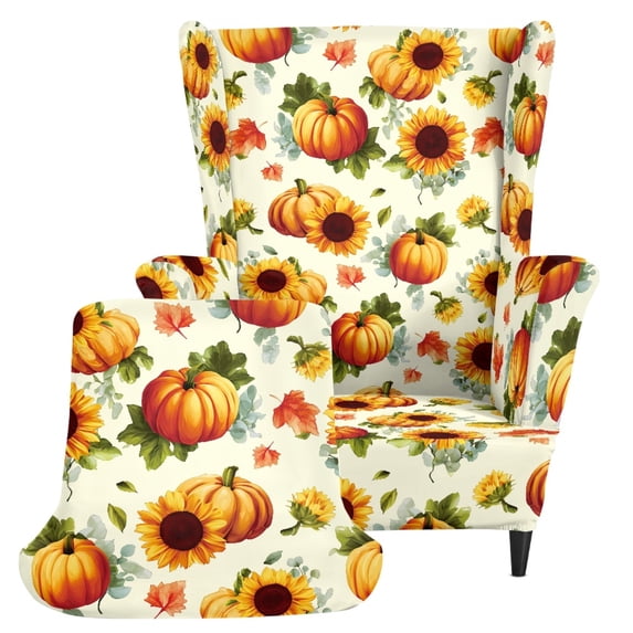 Jeiento Fall Pumpkin Sunflower Wingback Chair Slipcovers 2 Pack, Washable Furniture Cover for Living Room Bedroom, Stretchy Sofa Protector for Holiday Home Decor