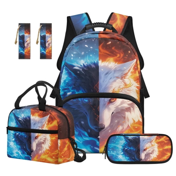 Jeiento Fire Ice Wolf Backpack and Lunch Box Set for Kids Boys Water Resistant Large Capacity 4Pcs School Bag Set with Pencil Case Bookmarks 17 Inch School Backpack for Elementary