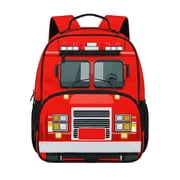 Jeiento Fire Truck 13.5 Inch Toddler School Backpack for 2-5 Year Old Boys, Lightweight Preschool Bag, Polyester Bookbag with 2 Front Zipper Pockets