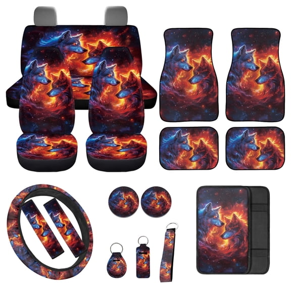 Jeiento Fire Wolf Car Seat Cover Full Set, Front and Back Seat, Floor Mat, Steering Wheel, Armrest, Seatbelt Strap, Decorative Auto Interior Accessories, 17 Pack, Blue Red
