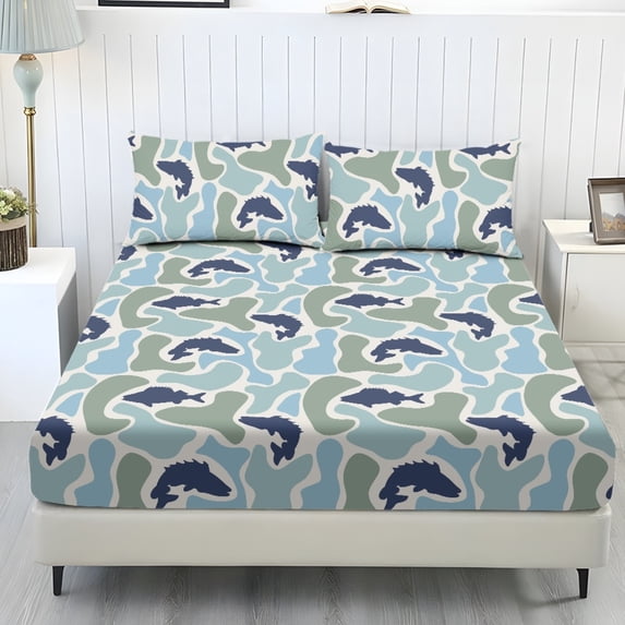 Jeiento Fish Camo Pattern Bedding Set, 2 Soft Pillow Covers & 1 Deep Pocket Elastic Fitted Sheet, Breathable Comfortable Bed Cover Set for Bedroom Guest Room Boys, Full Size