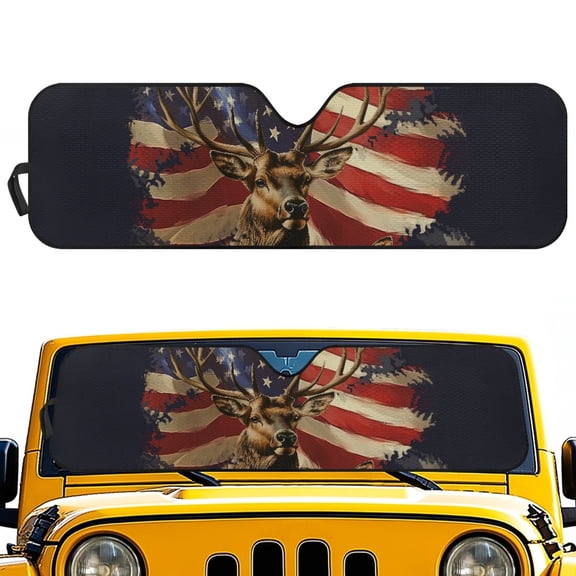 Jeiento Flag Deer Windshield Sun Shade Compatible with 2007-2024 Wrangler Rubicon Sahara TJ JK JKU 2 & 4 Door Car Sun Shade Sun Visor Protector Keep Your Vehicle Cool