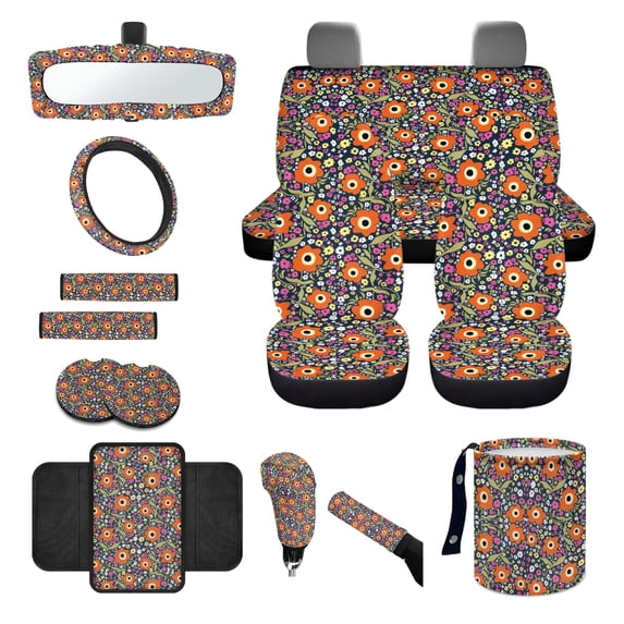 Jeiento Floral Car Accessories Set Auto Seat Covers Protector Steering Wheel Cover Seatbelt Strap Pad Trash Can Armrest Cover Pad Cup Holders Rearview Mirror Cover Handbrake Cover Set, 14pcs