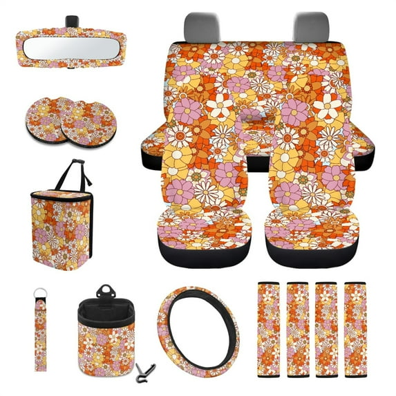 Jeiento Floral Daisy Car Seat Cover for Women Men with Steering Wheel Cover Seat Belt Strap Pad Trash Bag Mount Phone Holder Rearview Mirror Accessory Cup Holder Key Chain 15 Pieces