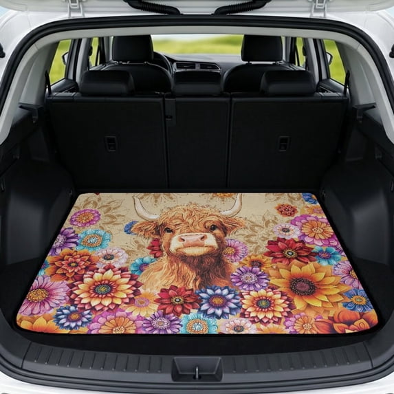 Jeiento Floral Highland Cow Van Cargo Liner Boho Flower Trunk Protection Cargo Liner All Weather Trunk Mat for SUV for Camping Hiking Beach Trips